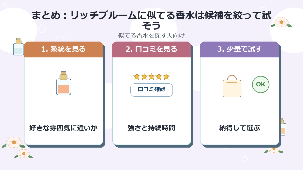 まとめ：リッチブルームに似てる香水は候補を絞って試そう
