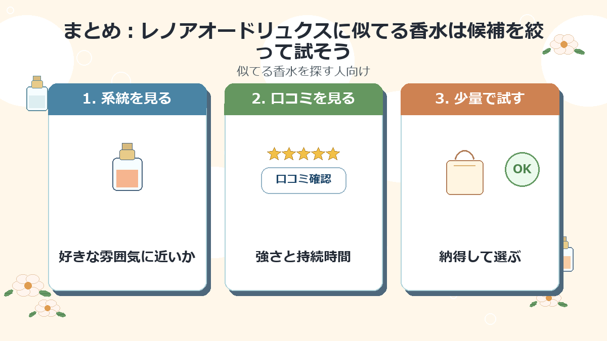 まとめ：レノアオードリュクスに似てる香水は候補を絞って試そう