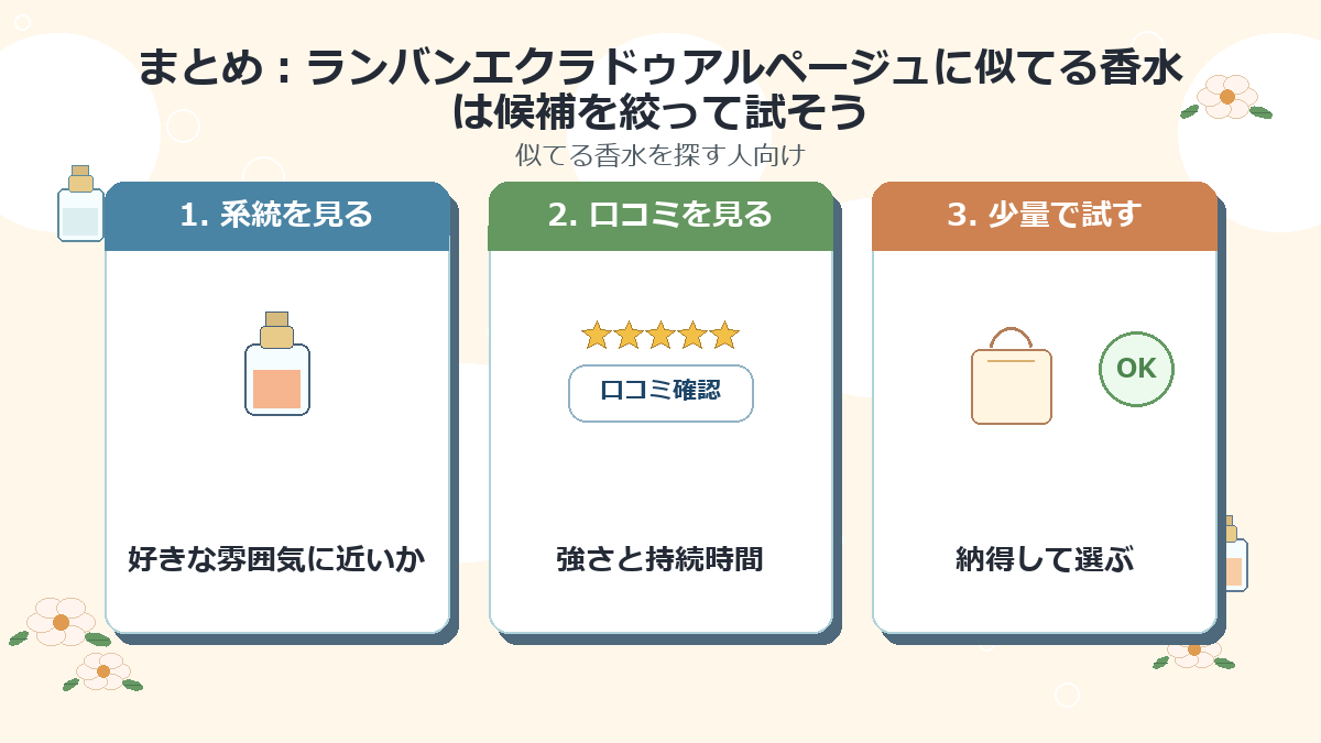まとめ：ランバンエクラドゥアルページュに似てる香水は候補を絞って試そう