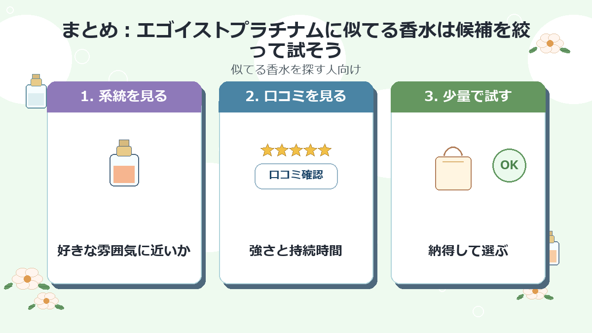 まとめ：エゴイストプラチナムに似てる香水は候補を絞って試そう