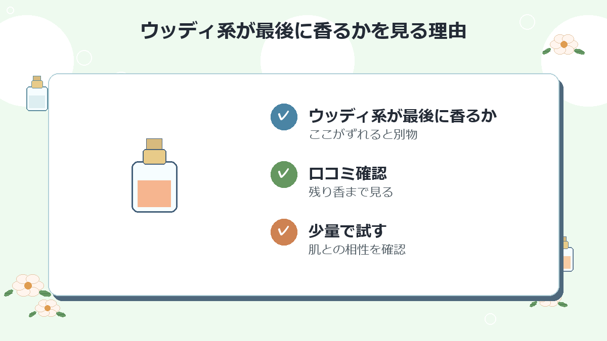 ウッディ系が最後に香るか