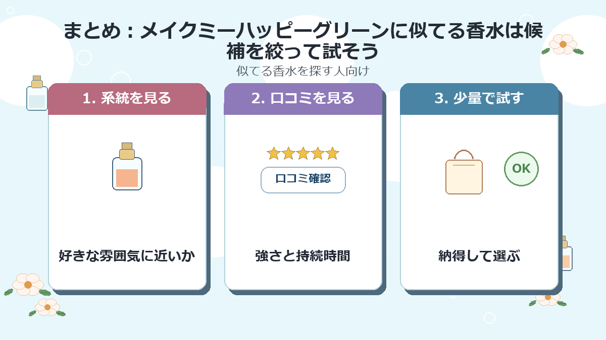 まとめ：メイクミーハッピーグリーンに似てる香水は候補を絞って試そう