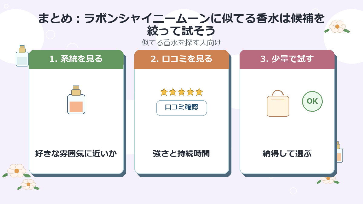 まとめ：ラボンシャイニームーンに似てる香水は候補を絞って試そう
