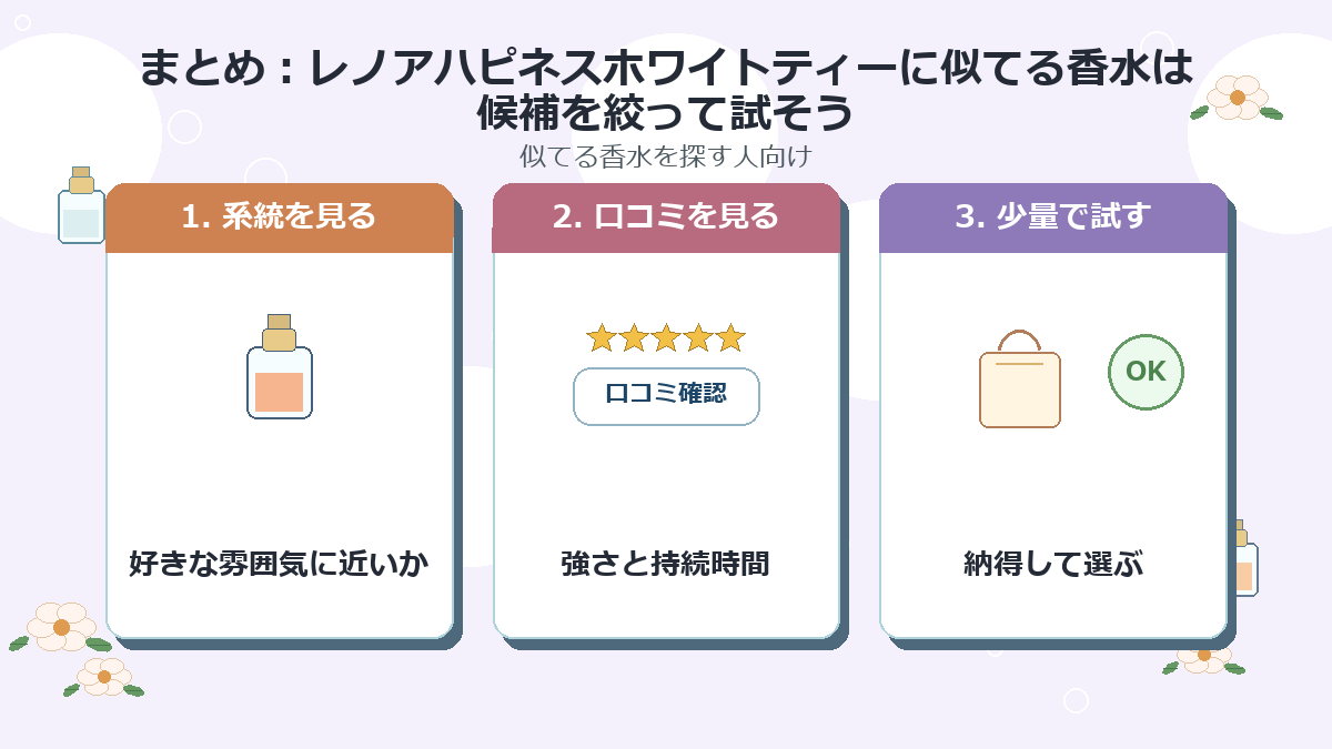 まとめ：レノアハピネスホワイトティーに似てる香水は候補を絞って試そう