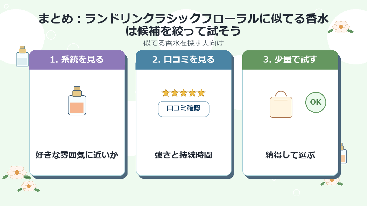 まとめ:ランドリンクラシックフローラルに似てる香水は候補を絞って試そう