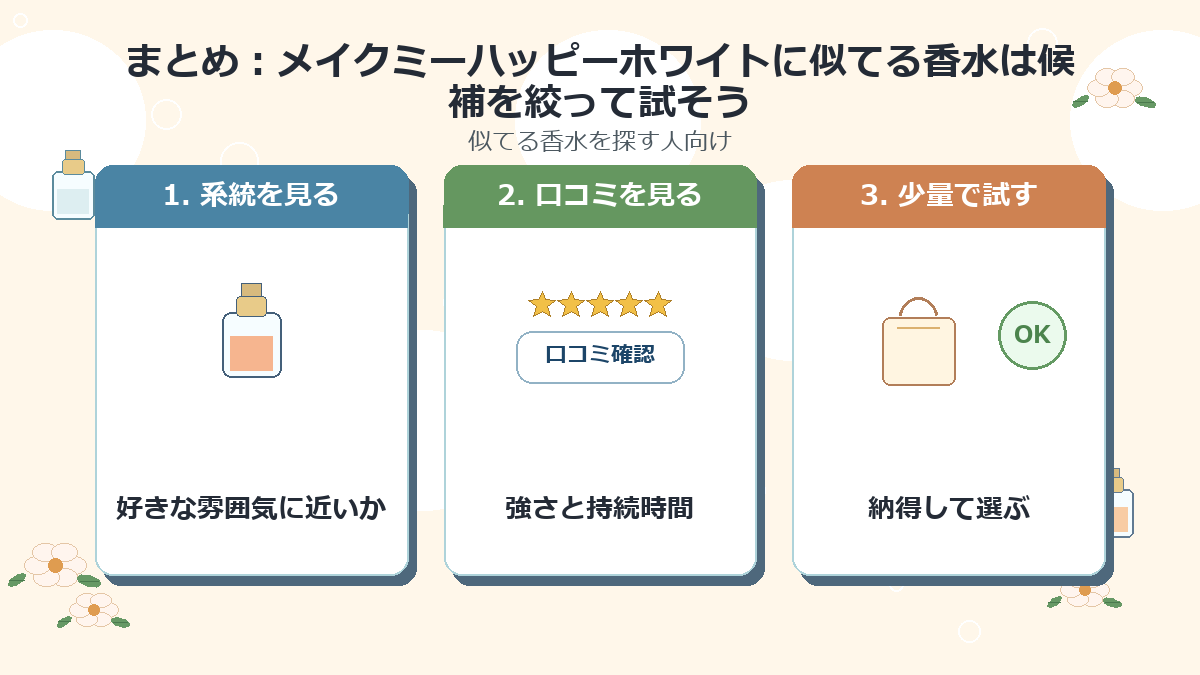 まとめ：メイクミーハッピーホワイトに似てる香水は候補を絞って試そう