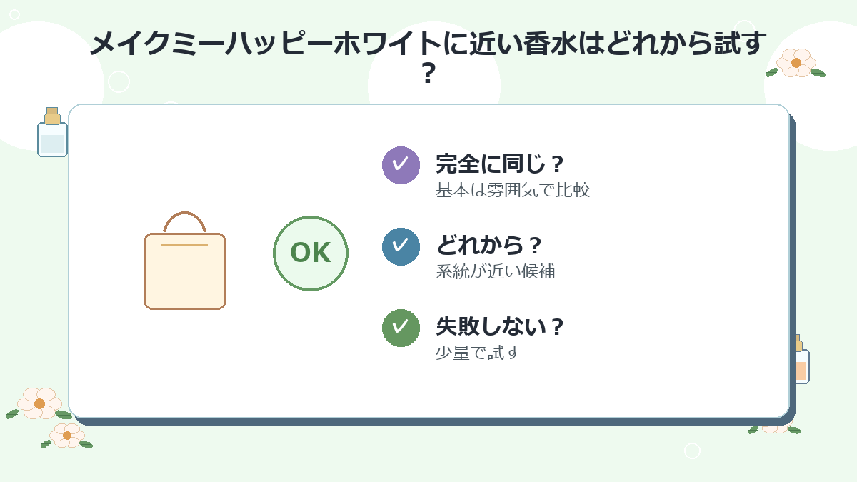 メイクミーハッピーホワイトに近い香水はどれから試すのがおすすめですか？