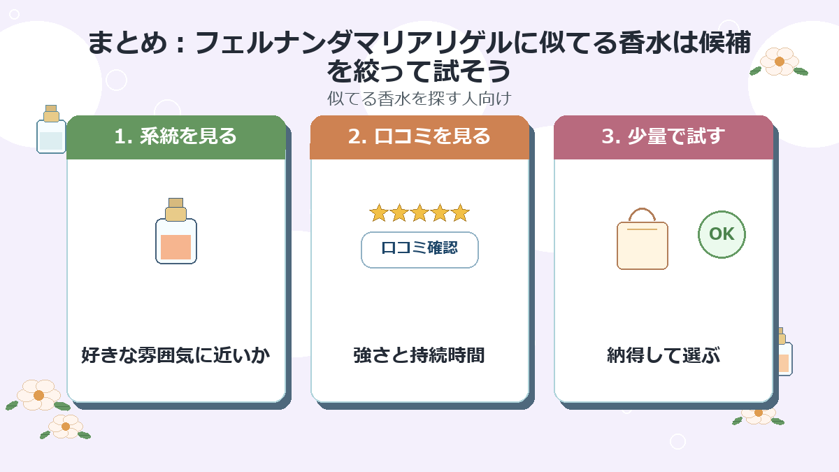 まとめ：フェルナンダマリアリゲルに似てる香水は候補を絞って試そう