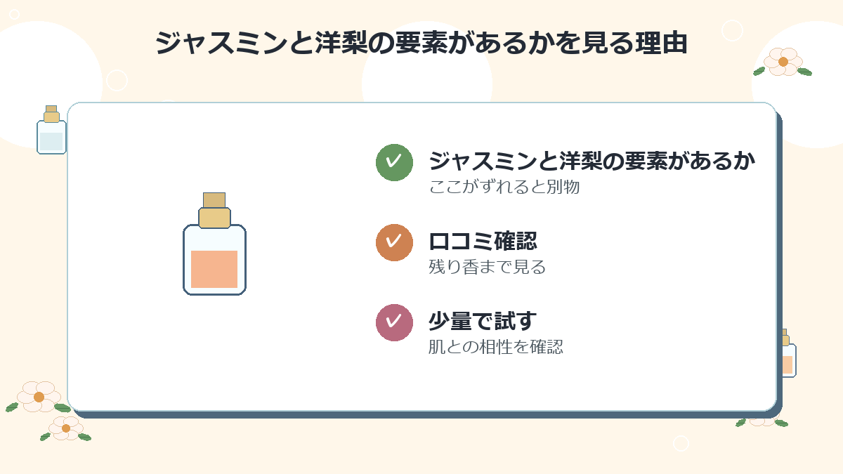 ジャスミンと洋梨の要素があるか
