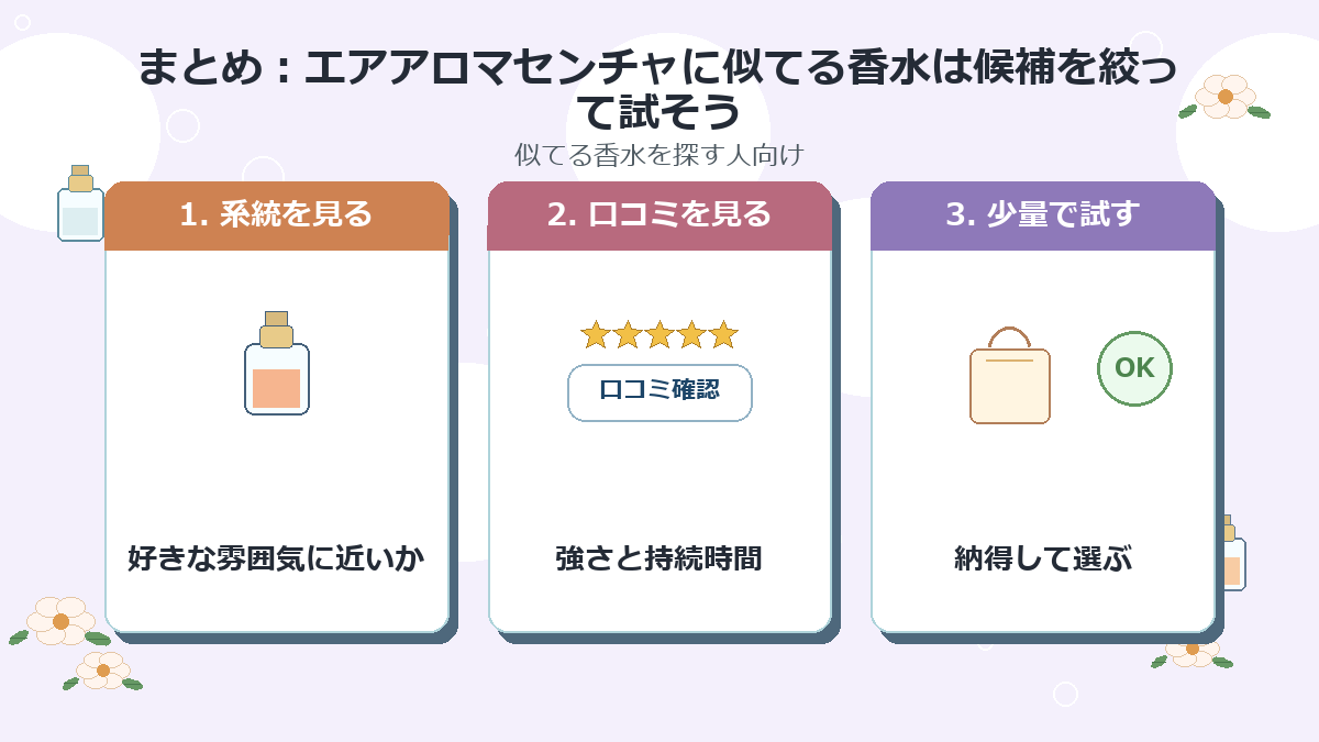 まとめ：エアアロマセンチャに似てる香水は候補を絞って試そう