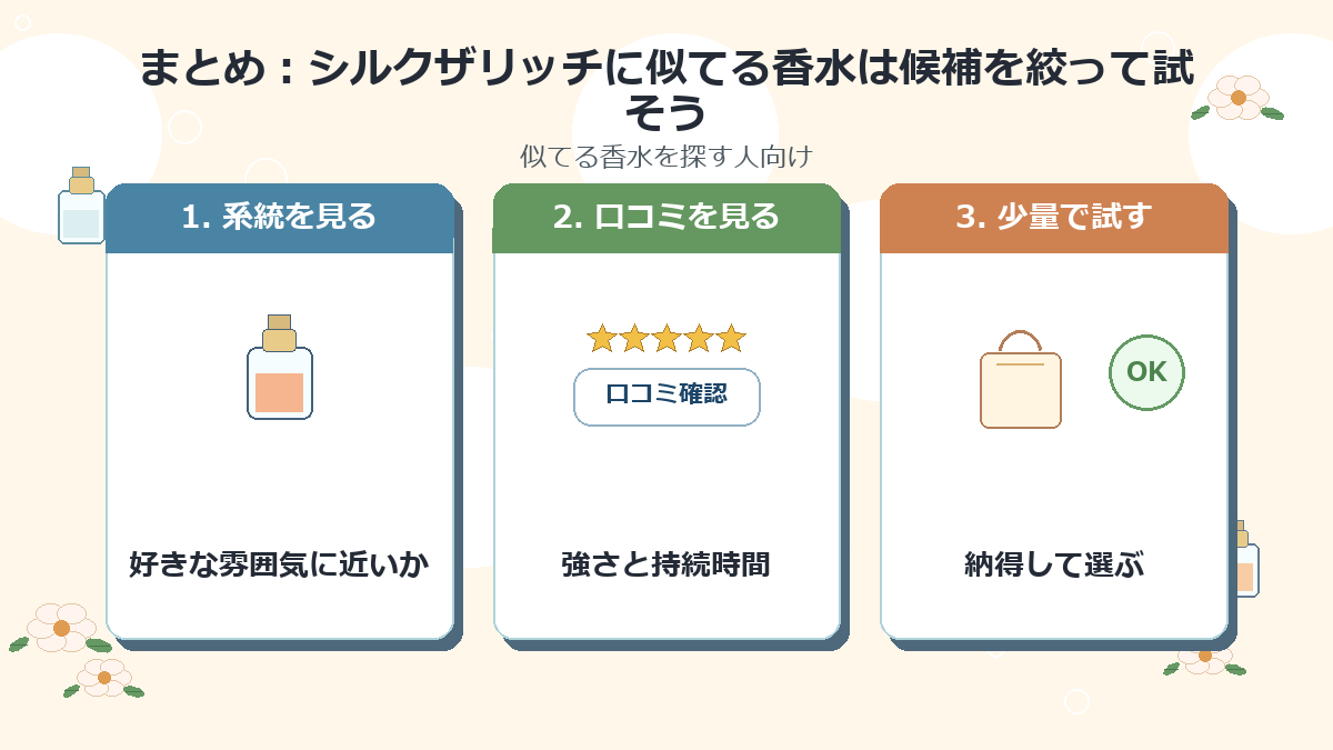 まとめ：シルクザリッチに似てる香水は候補を絞って試そう