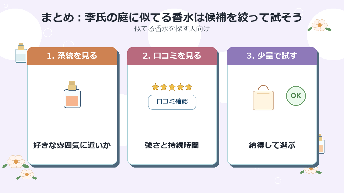 まとめ：李氏の庭に似てる香水は候補を絞って試そう