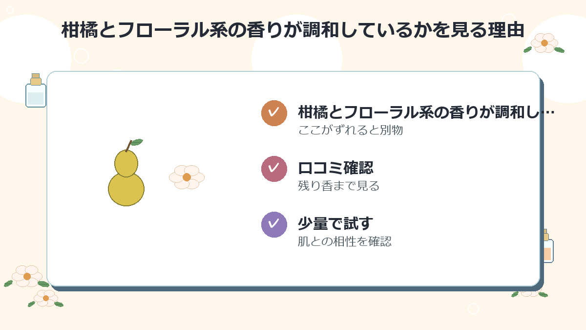 柑橘とフローラル系の香りが調和しているか