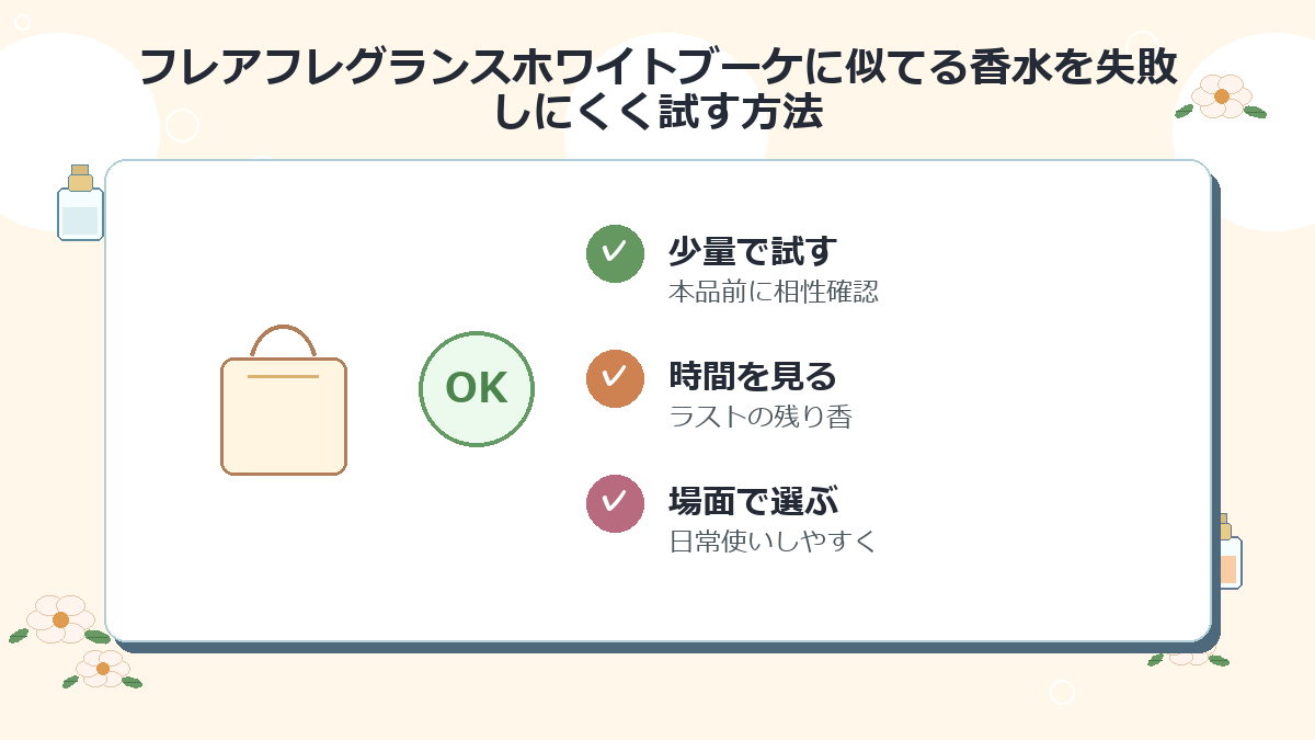 フレアフレグランスホワイトブーケに似てる香水を失敗しにくく試す方法