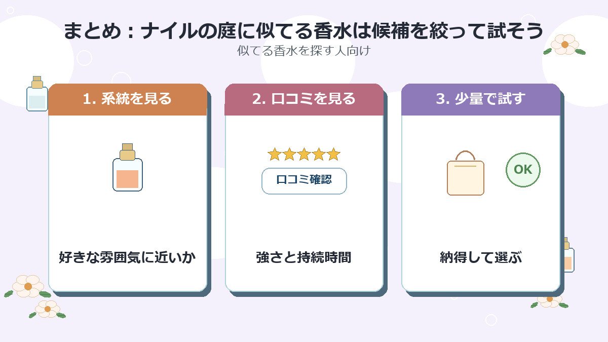 まとめ：ナイルの庭に似てる香水は候補を絞って試そう